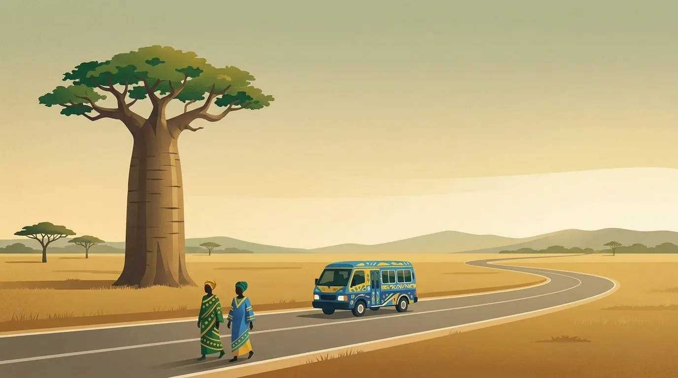 Illustration d'un paysage sénégalais avec un baobab, une route et un car rapide, aux couleurs vert et or